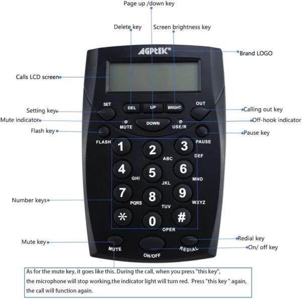 AGPtek Call Center Dialpad Headset Telephone with Tone Dial Key Pad & REDIAL - Image 4