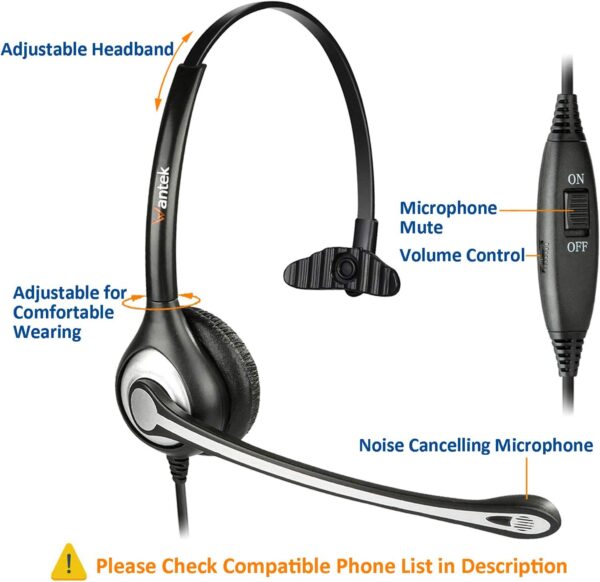 Wantek Corded Telephone Headset Mono w/Noise Canceling Mic Compatible with ShoreTel Plantronics Polycom Zultys Toshiba NEC Aspire Dterm Nortel Norstar... - Image 6
